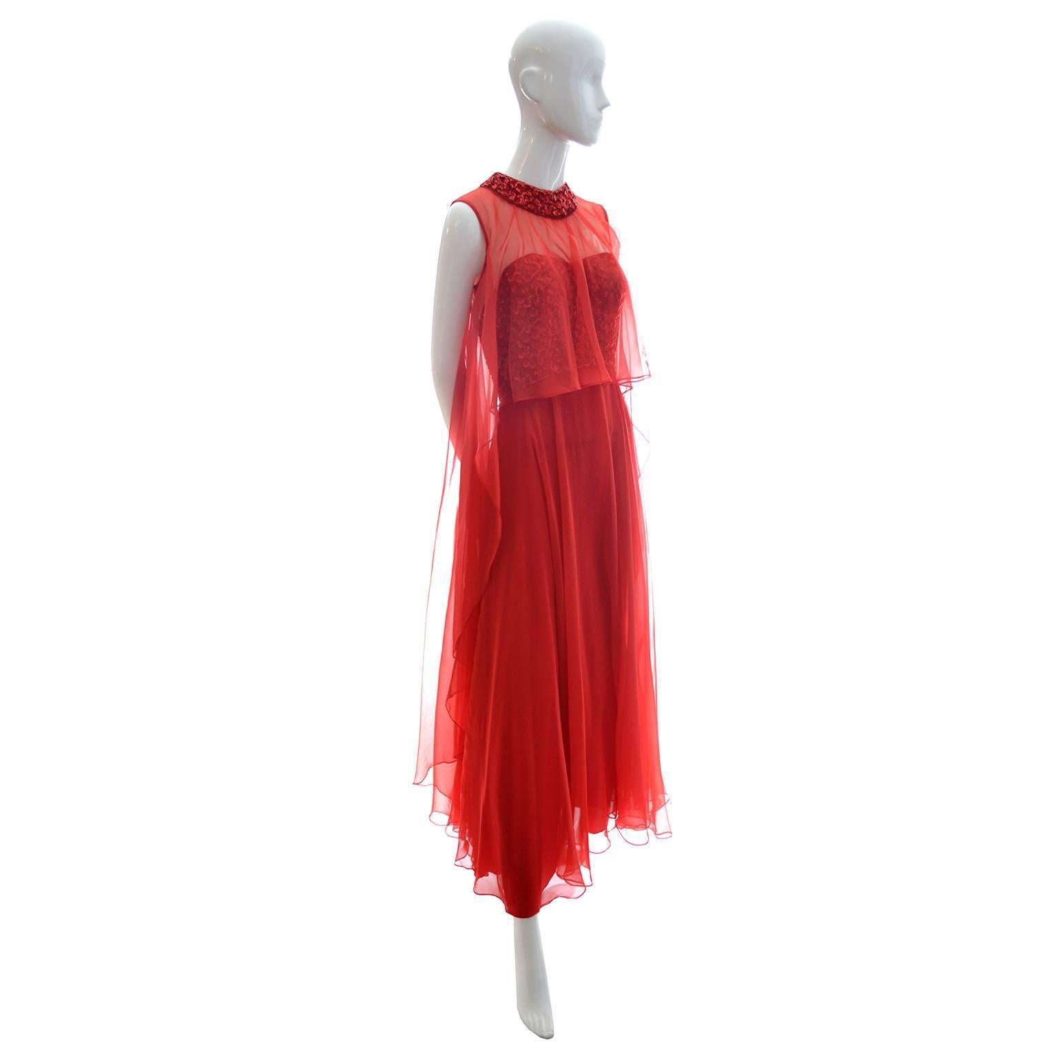 1970s Mike Benet Vintage Dress in Lipstick Red With Sequins & Sheer Overlay In Excellent Condition In Portland, OR