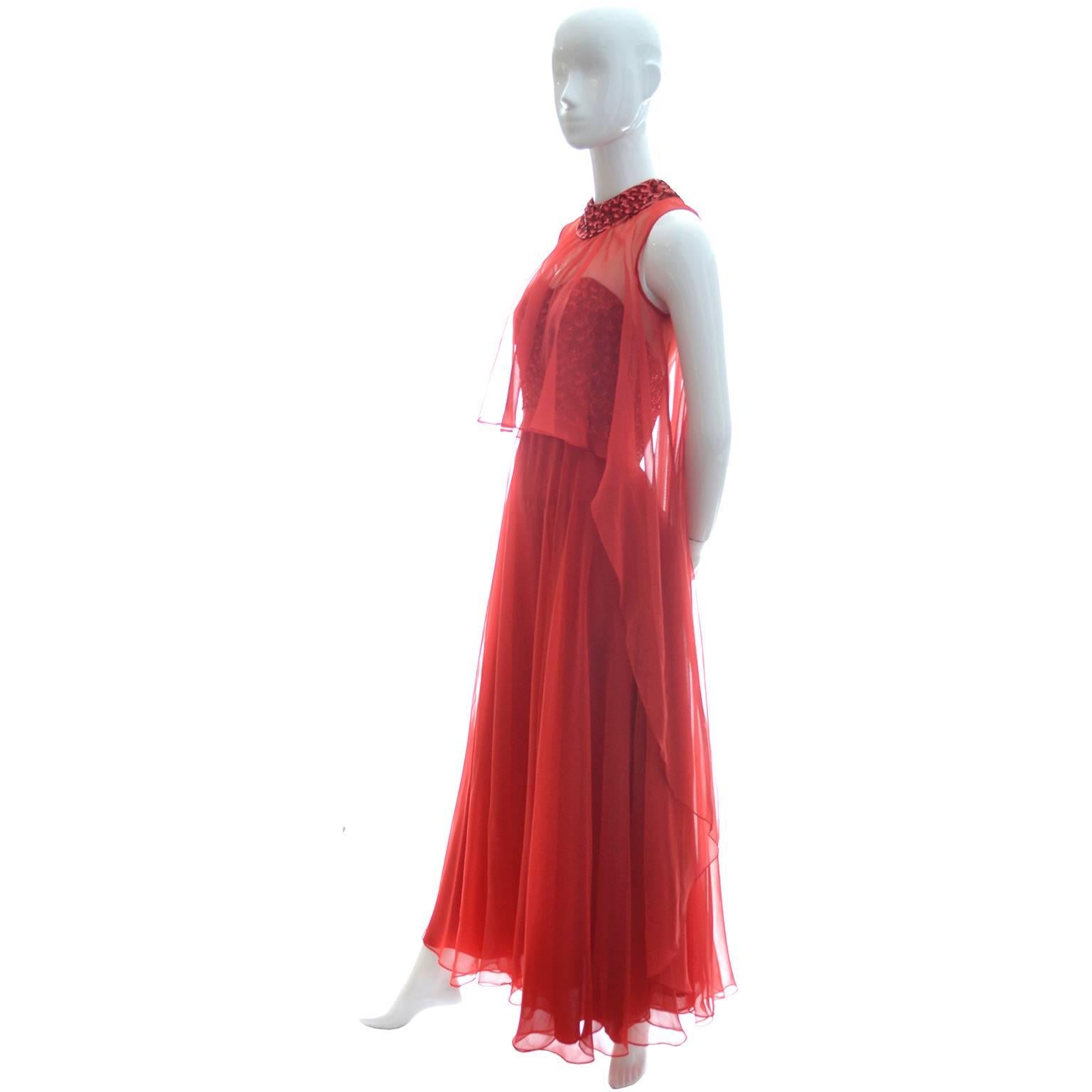 Women's 1970s Mike Benet Vintage Dress in Lipstick Red With Sequins & Sheer Overlay
