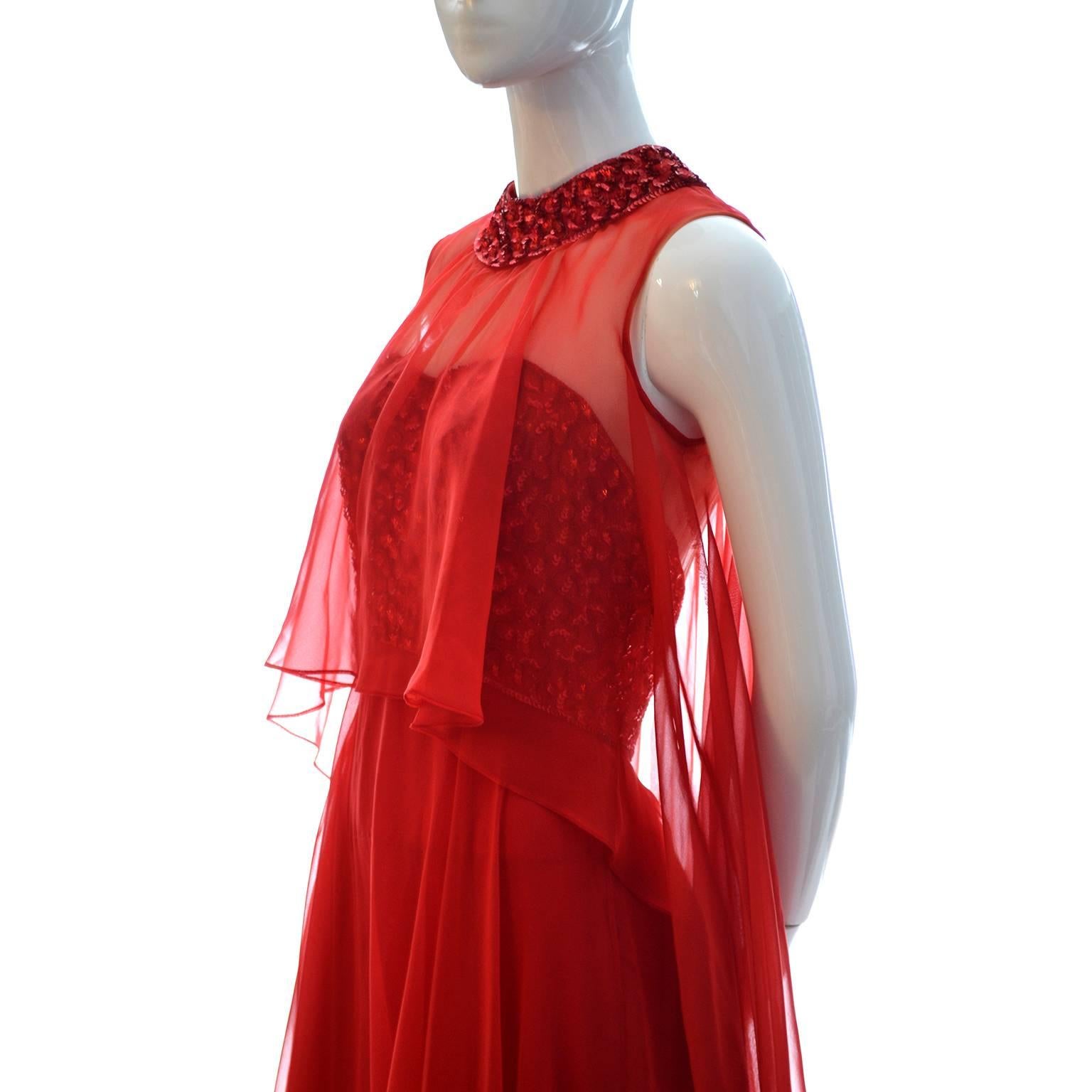 1970s Mike Benet Vintage Dress in Lipstick Red With Sequins & Sheer Overlay 4