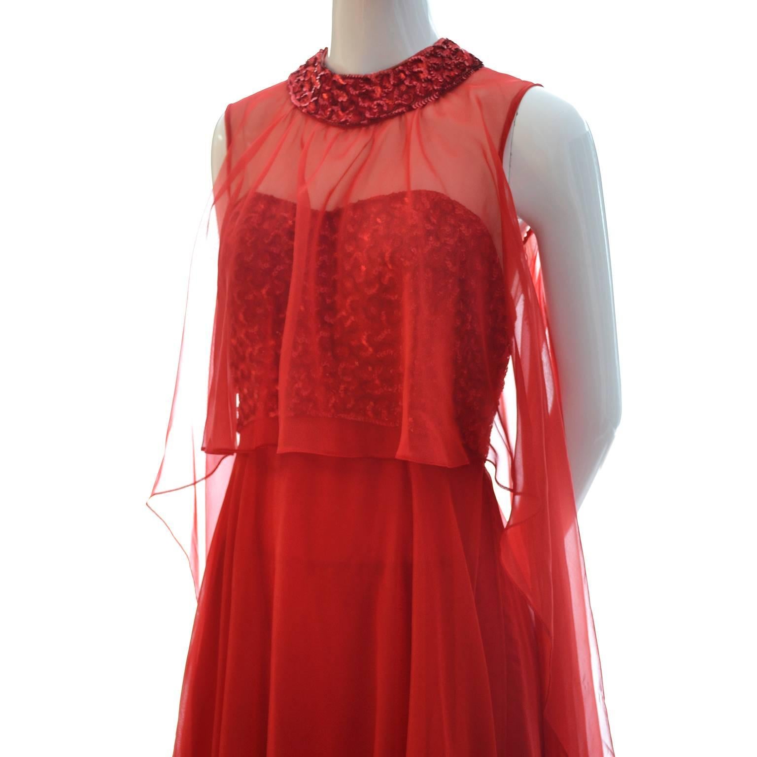 1970s Mike Benet Vintage Dress in Lipstick Red With Sequins & Sheer Overlay 3