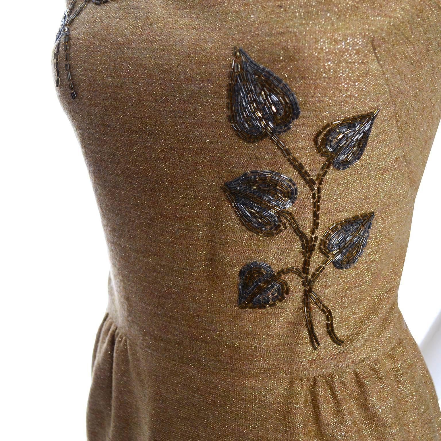 Brown 1960s Gold Metallic Carlye VIntage Sleevelss Cocktail Dress with Beaded Leaves