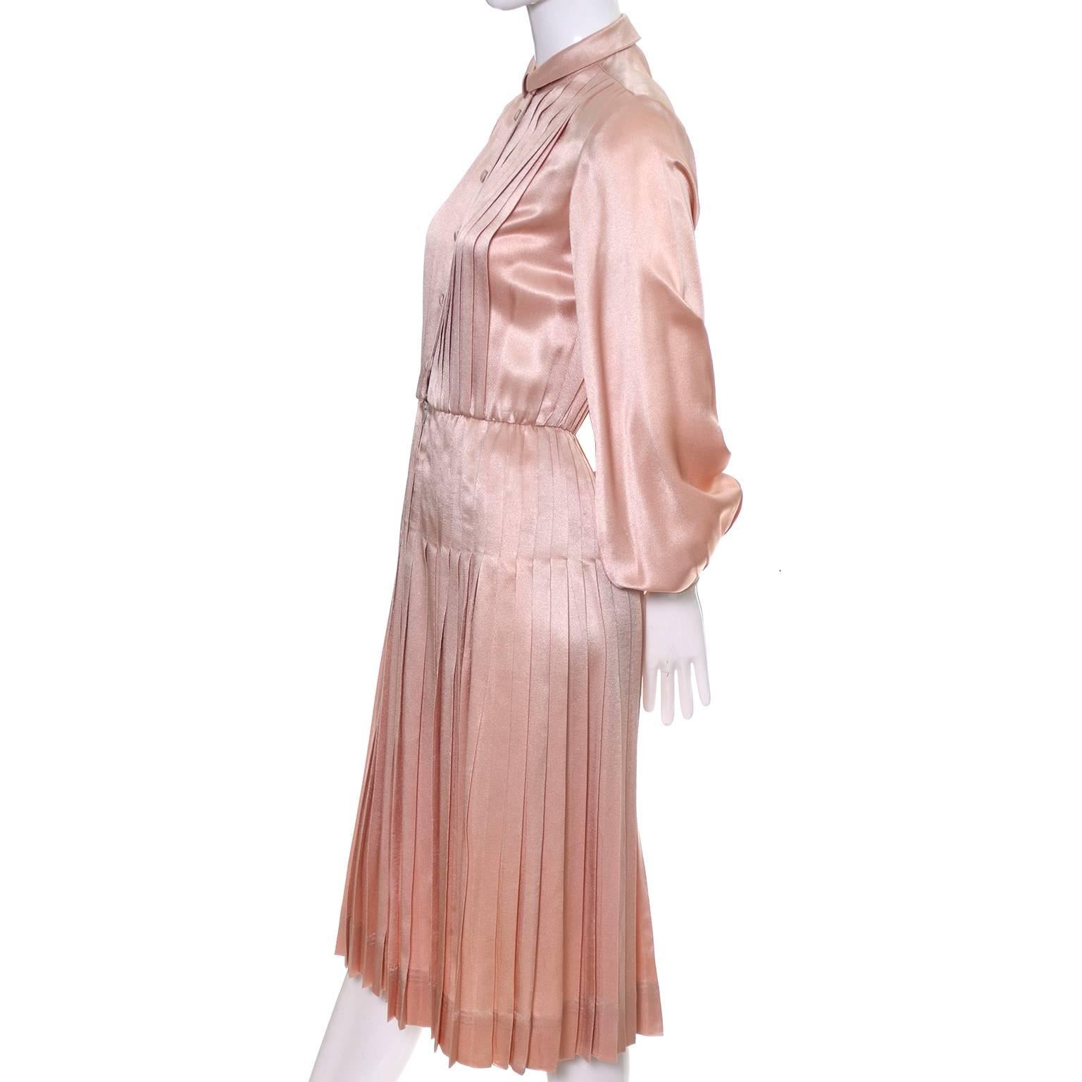 Orange Albert Nipon 1970s Pleated Peach Pink Slipper Satin Vintage Dress