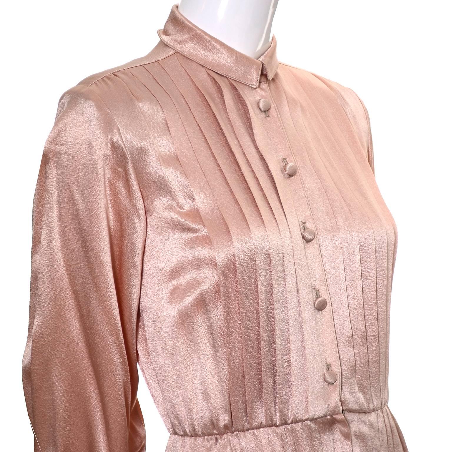 Albert Nipon 1970s Pleated Peach Pink Slipper Satin Vintage Dress 1