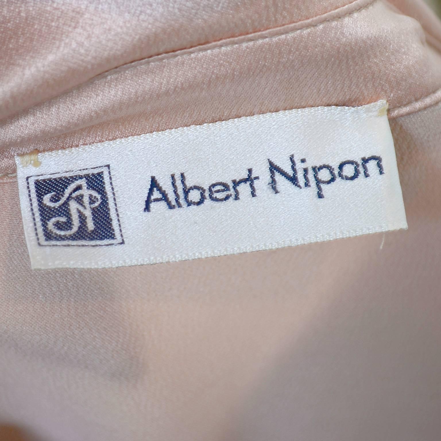 Albert Nipon 1970s Pleated Peach Pink Slipper Satin Vintage Dress 2