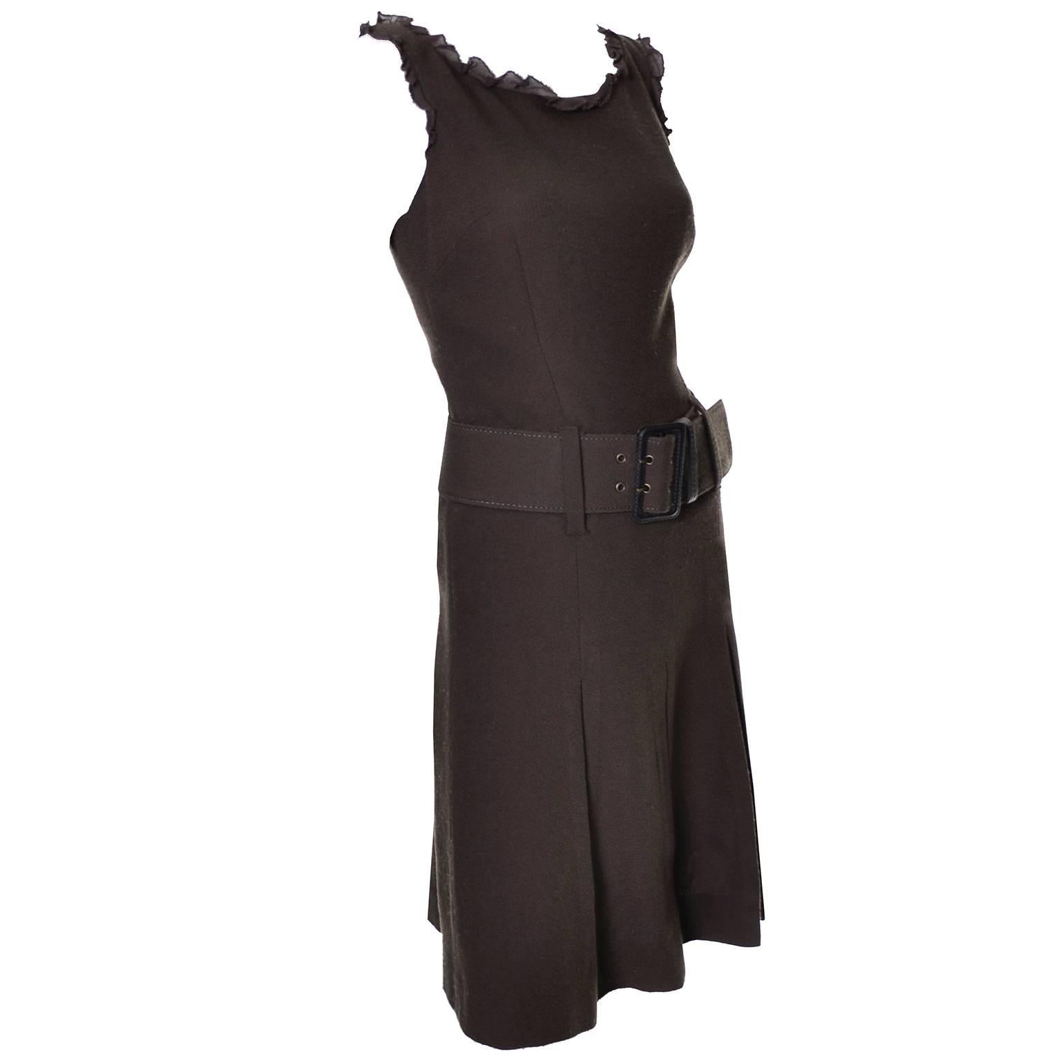 Moschino Vintage Brown Belted Dress Ruffled Trim Wide Belt 4