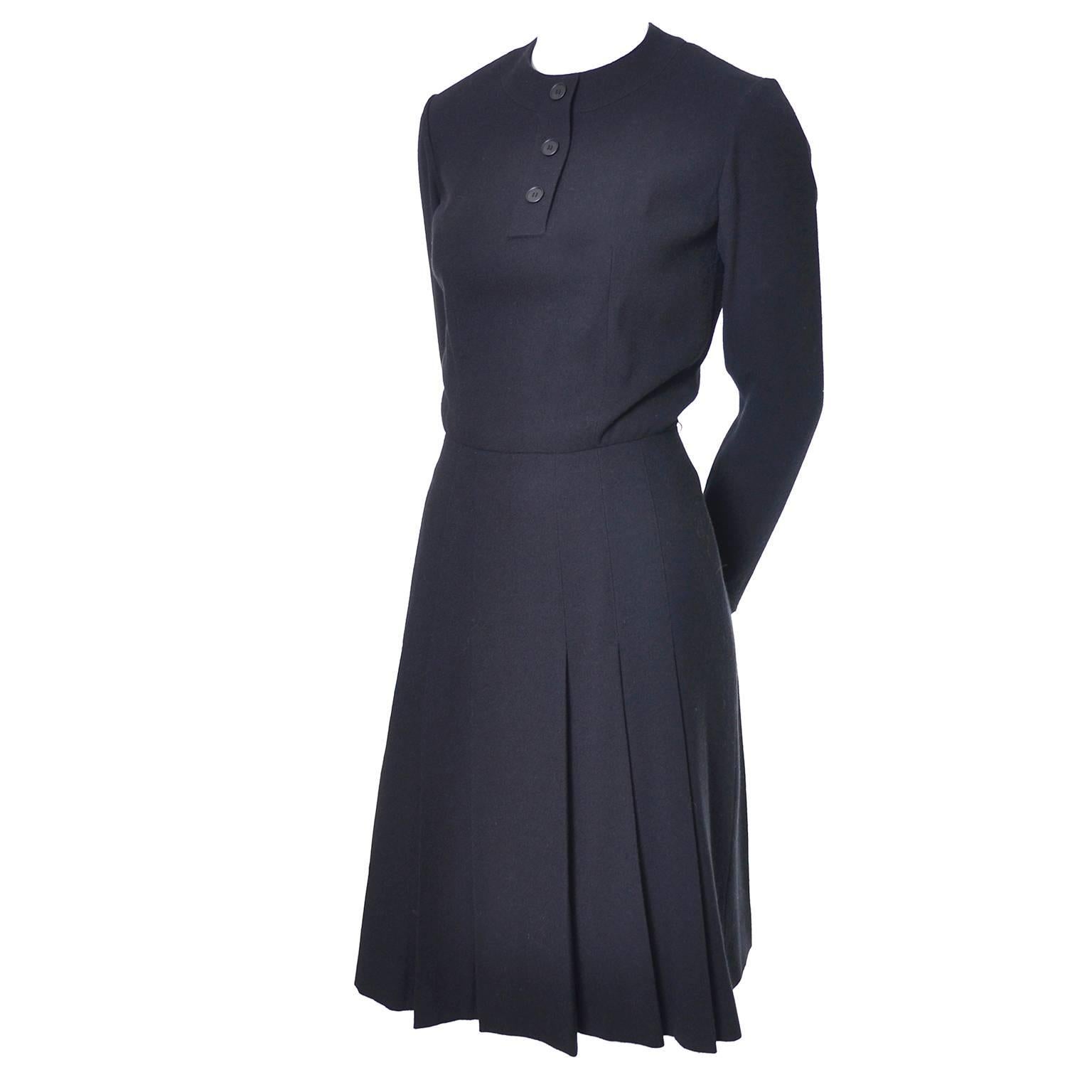 1970s Guy Laroche Pret A Porter France Vintage Black Wool Crepe Dress 1
