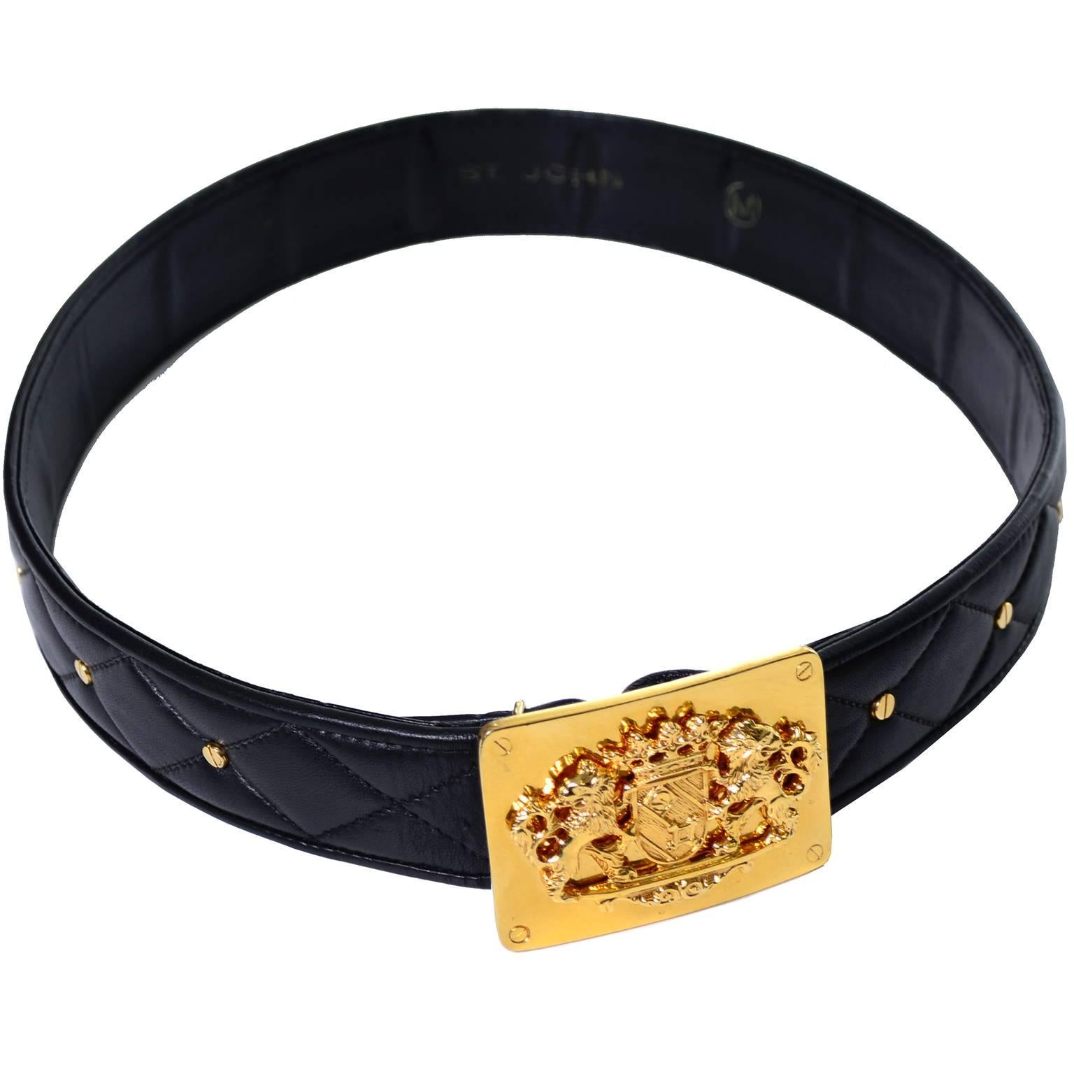 1980s Vintage St. John Studded Quilted Leather Belt Coat of Arms Gold