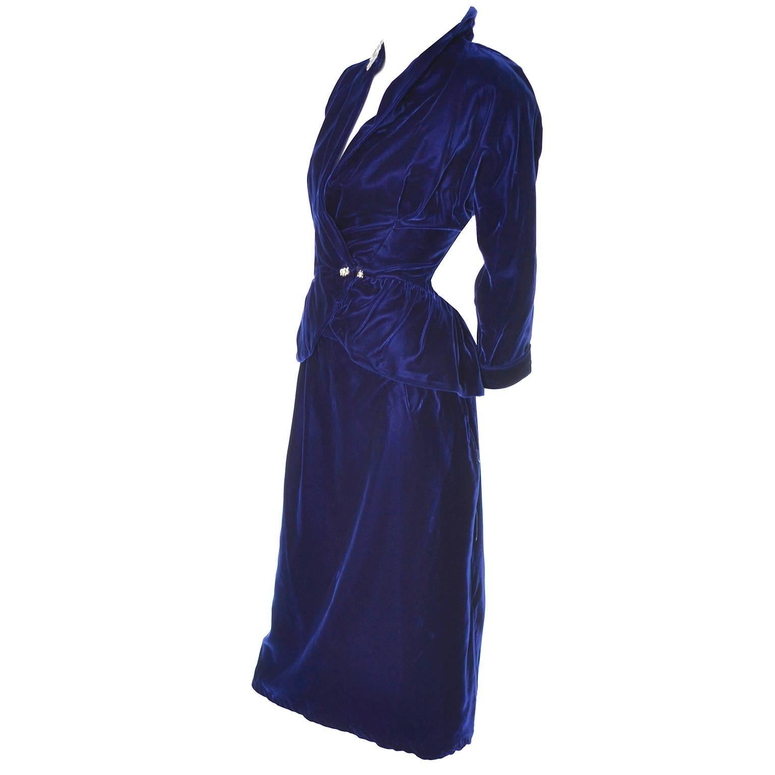 Deluxe Blue Velvet Vintage 1940s Blazer Skirt Suit Rhinestones Peplum Jacket 10