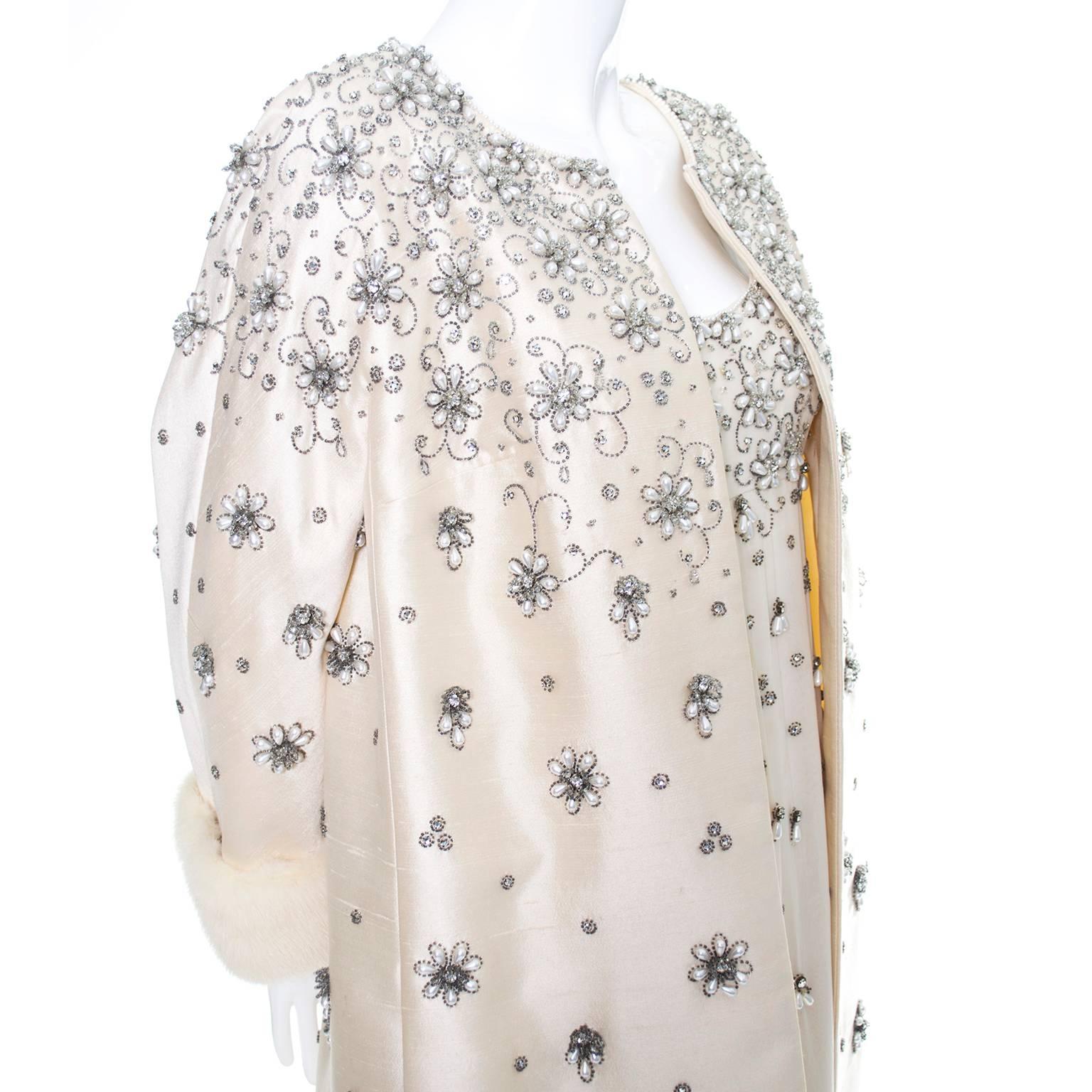 1960s Victoria Royal Vintage Ivory Beaded Dress Silk Gown Coat White Mink Cuffs  1