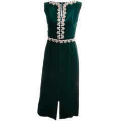 Luxe Holiday Green Velvet Beaded Dress with Rhinestones 1960s XS Evening Gown