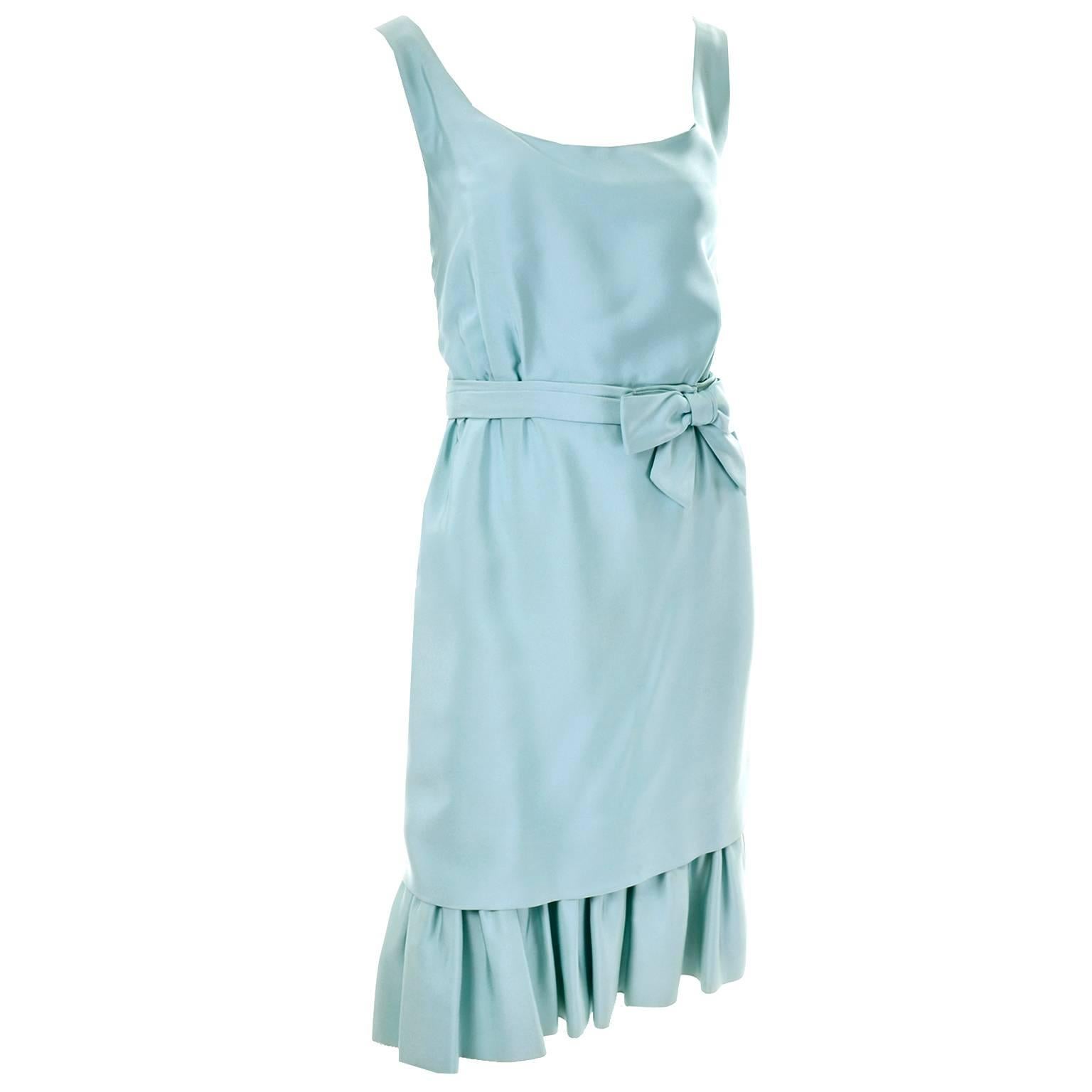 1960s Vintage Dress by Jobere in Blue Green Shantung Silk w/ Ruffle & Bow