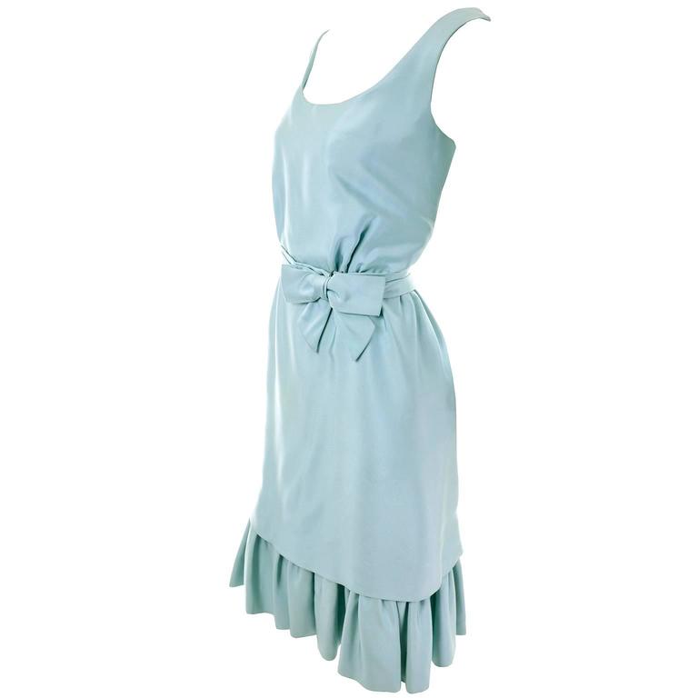 1960s Vintage Dress by Jobere in Blue Green Shantung Silk w/ Ruffle and ...