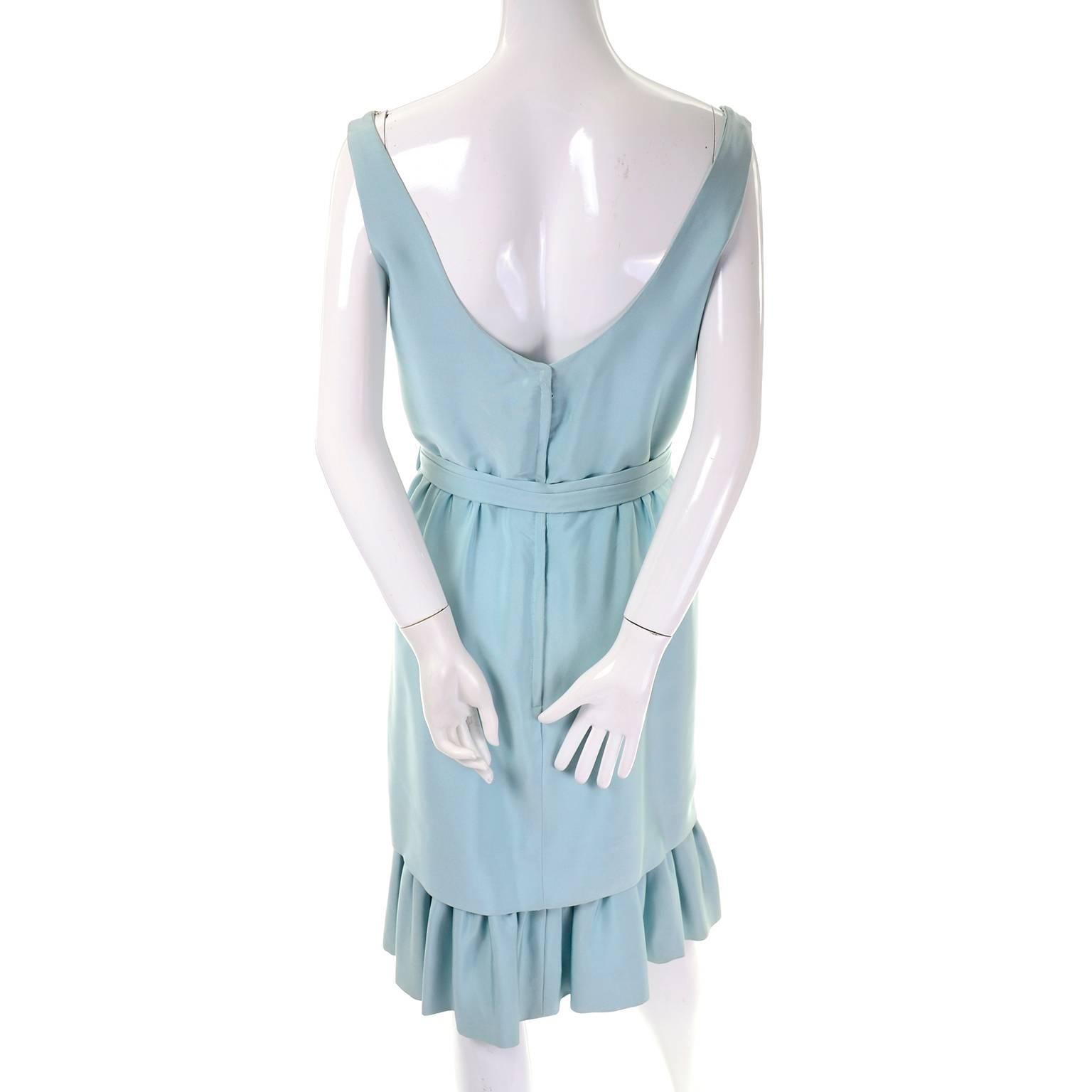 1960s Vintage Dress by Jobere in Blue Green Shantung Silk w/ Ruffle & Bow In Excellent Condition In Portland, OR