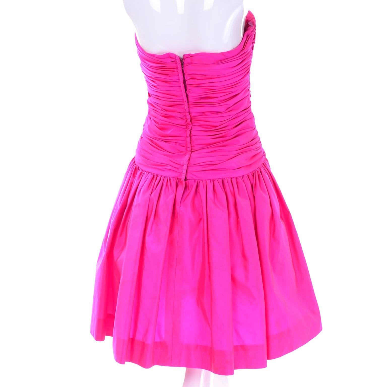 Victor Costa Vintage Hot Pink Tulle lined Strapless Dress Full Skirt, 1980s  In Excellent Condition In Portland, OR