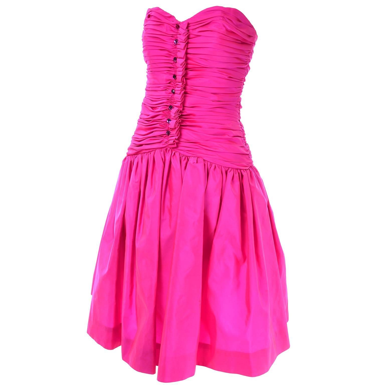 Victor Costa Vintage Hot Pink Tulle lined Strapless Dress Full Skirt, 1980s 