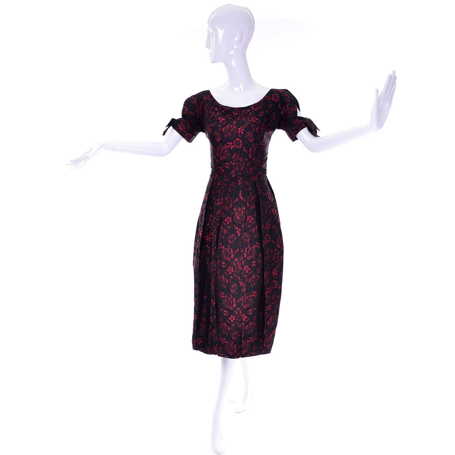 Black 1950s Suzy Perette Red Brocade Floral Vintage Cocktail Dress Dramatic Sleeves 6