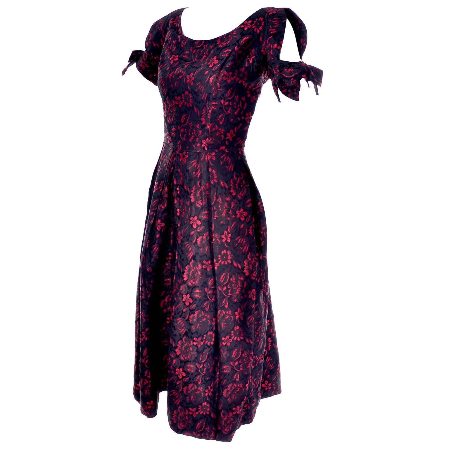 1950s Suzy Perette Red Brocade Floral Vintage Cocktail Dress Dramatic Sleeves 6