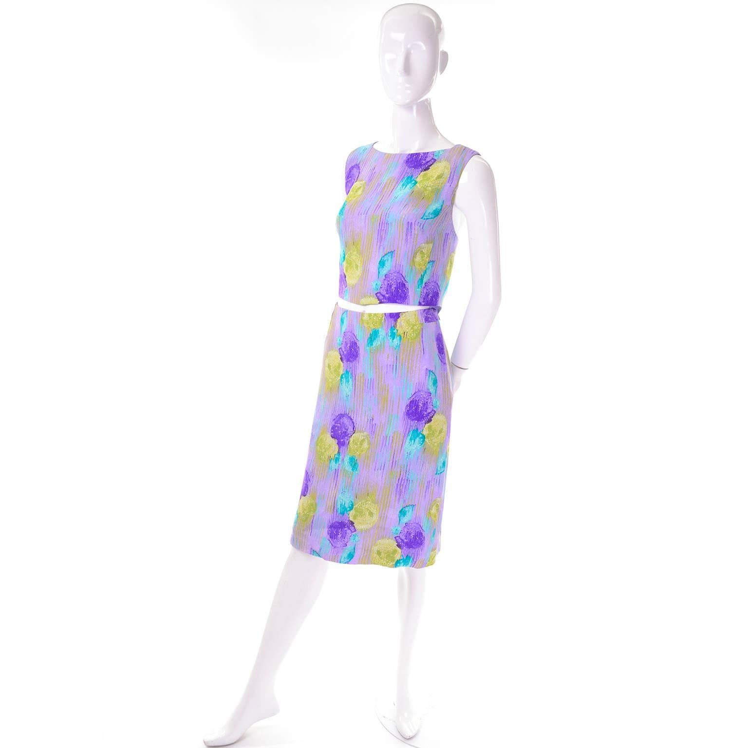 1990s Gianni Versace Purple Print Silk 2 pc Dress Midriff Top & Skirt Deadstock In New Condition In Portland, OR
