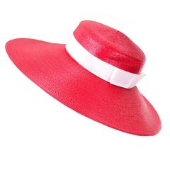 YSL Cherry Red Wide Brim Vintage Straw Hat Yves Saint Laurent