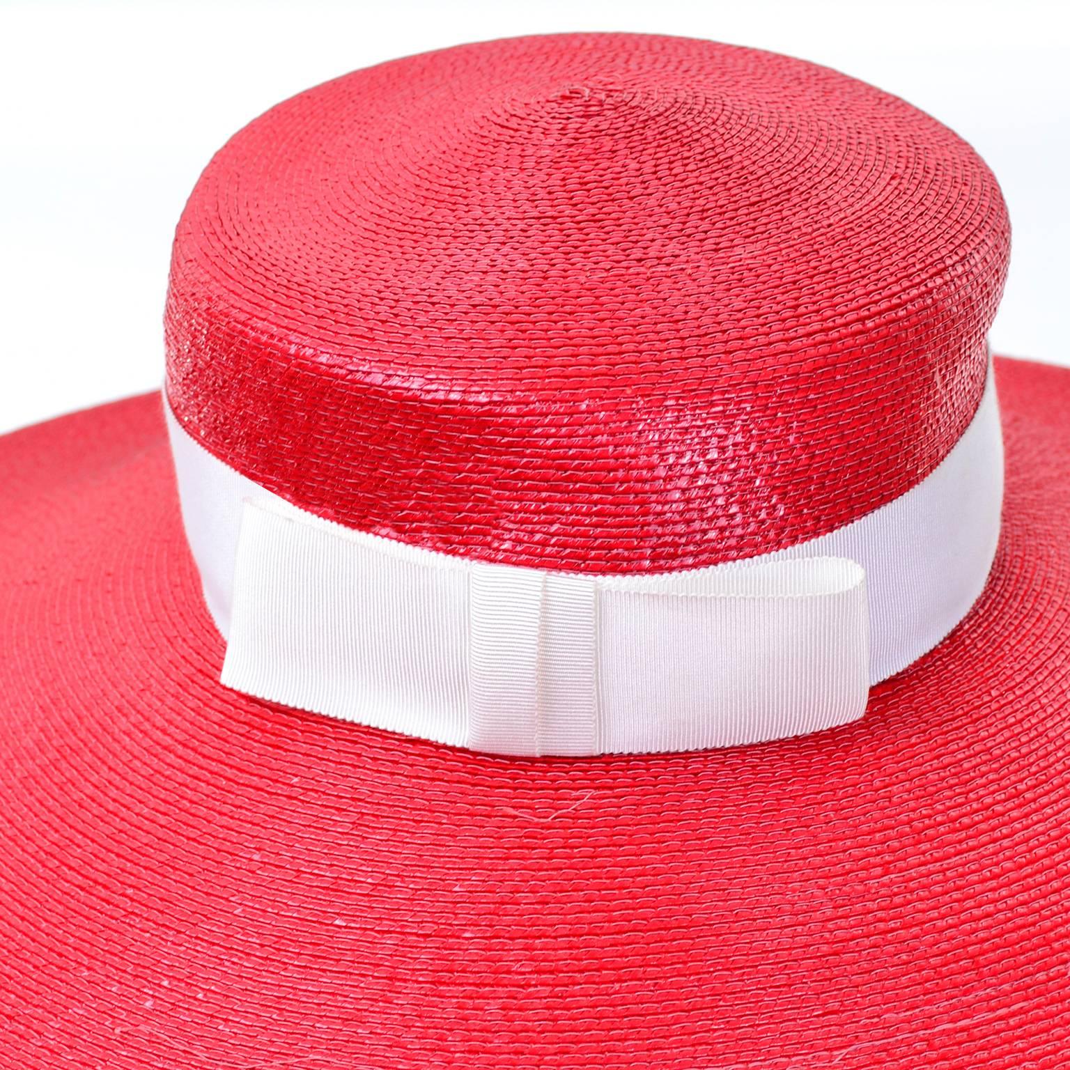 YSL Cherry Red Wide Brim Vintage Straw Hat Yves Saint Laurent In Excellent Condition In Portland, OR