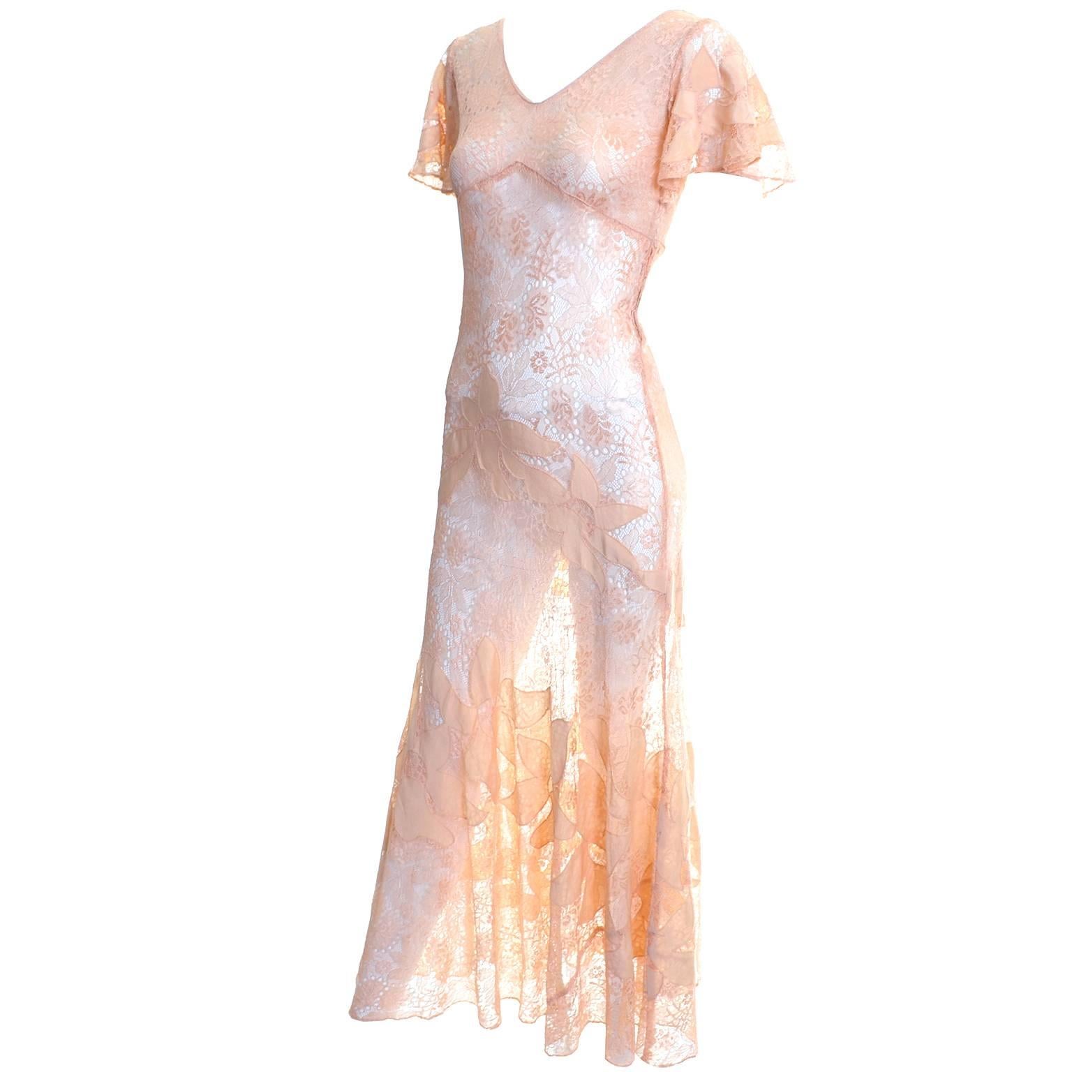 Women's 1930s Bias Silk & Lace Vintage Dress in Peach W Appliqués Butterfly Sleeves For Sale