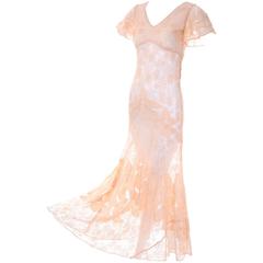 1930s Bias Silk & Lace Vintage Dress in Peach W Appliqués Butterfly Sleeves