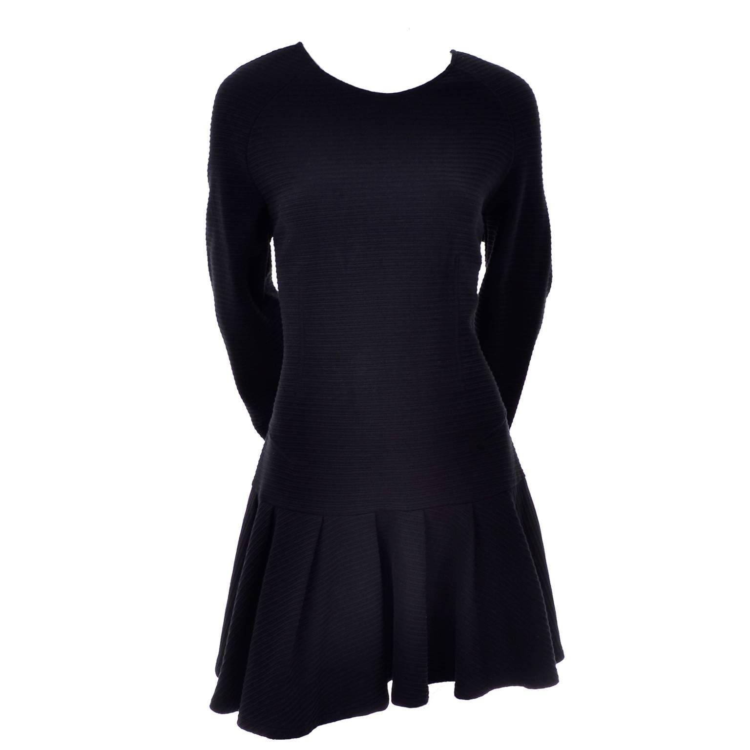 Kenzo Paris Vintage Black Ribbed Knit Low Back Skater Dress W Asymmetrical Hem L
