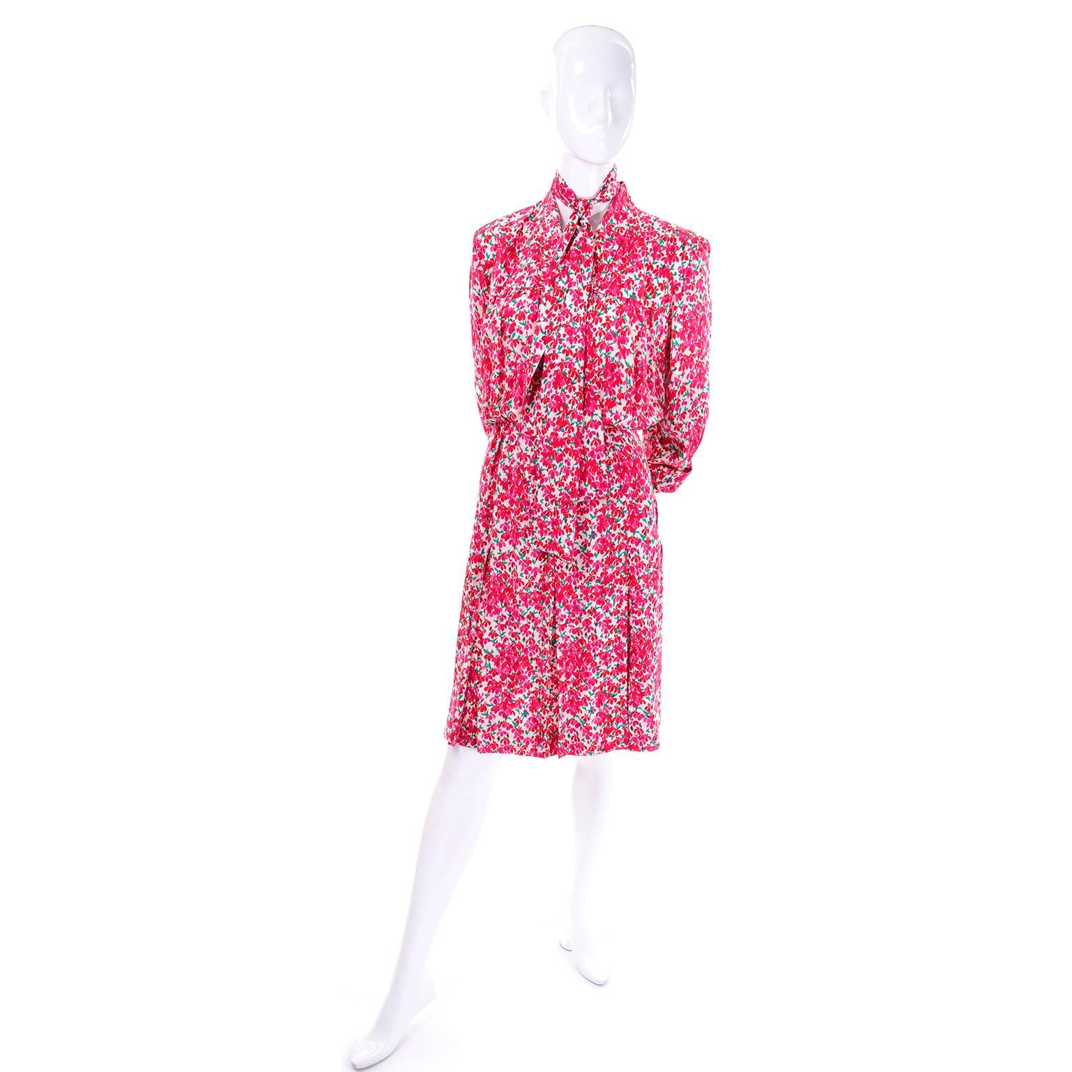 1970s Yves Saint Laurent YSL Vintage Dress in Pink Floral Silk Print 1