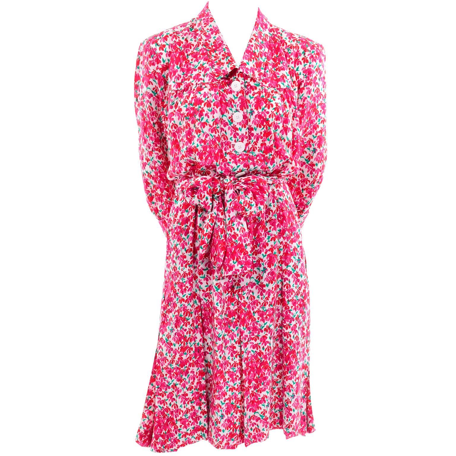 1970s Yves Saint Laurent YSL Vintage Dress in Pink Floral Silk Print