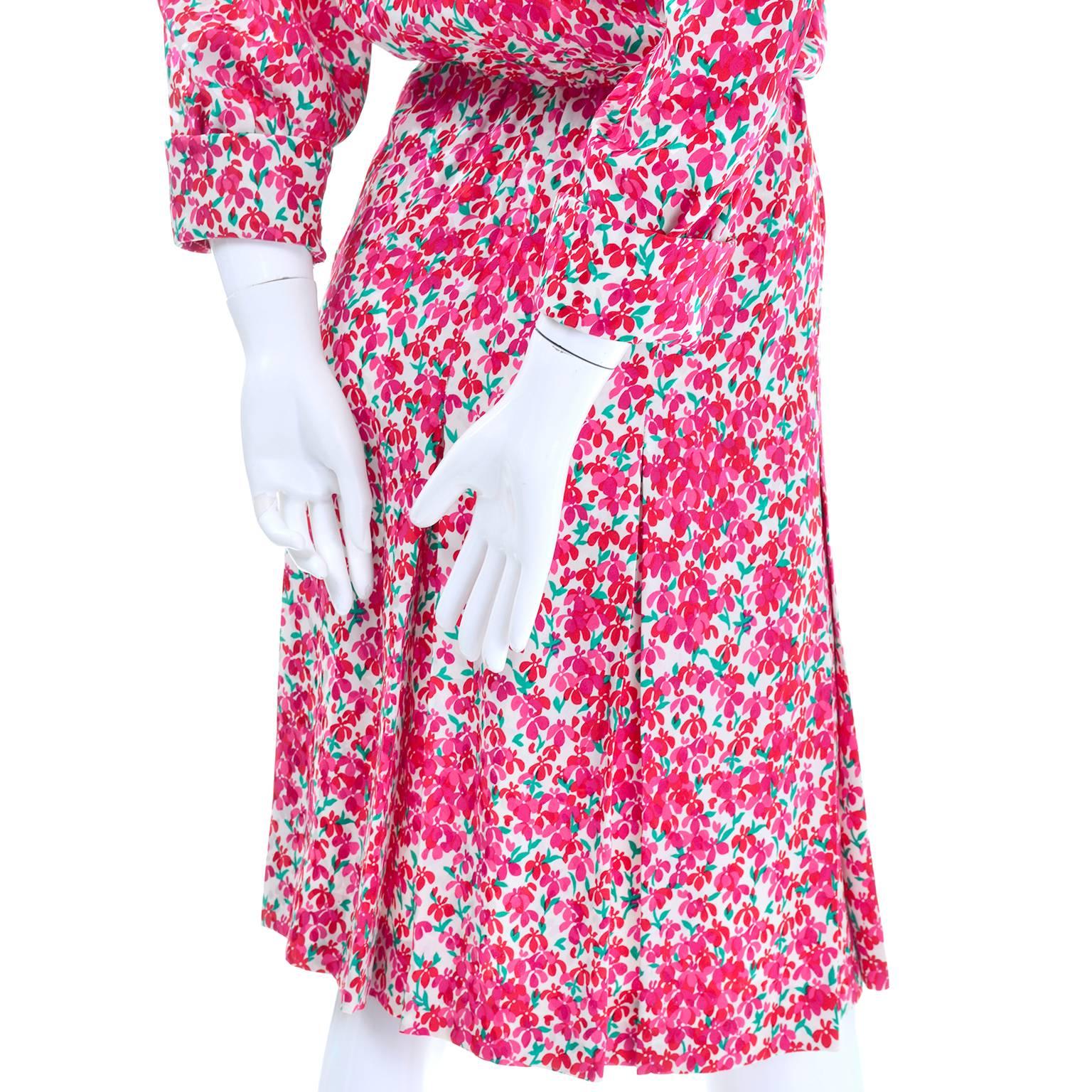 1970s Yves Saint Laurent YSL Vintage Dress in Pink Floral Silk Print 2