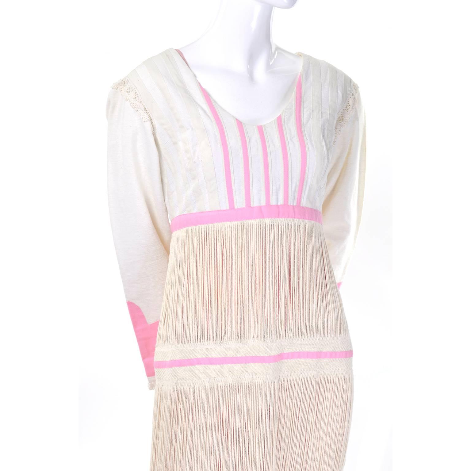 Women's 1960s Natural Linen Vintage Handwoven Folk Dress W Fringe & Pink Applique Trim For Sale