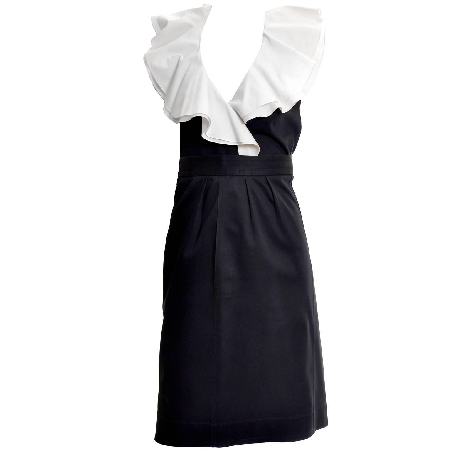 1980s Yves Saint Laurent Black Cotton 2 pc Dress with White Ruffled Collar In Excellent Condition In Portland, OR