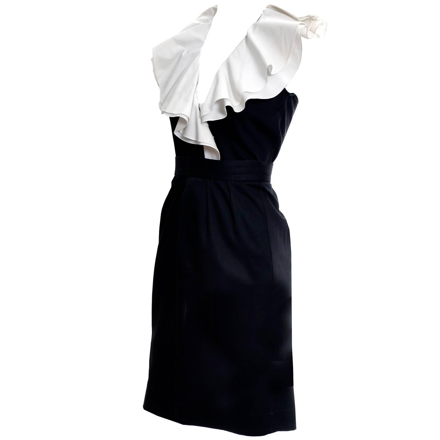 1980s Yves Saint Laurent Black Cotton 2 pc Dress with White Ruffled Collar