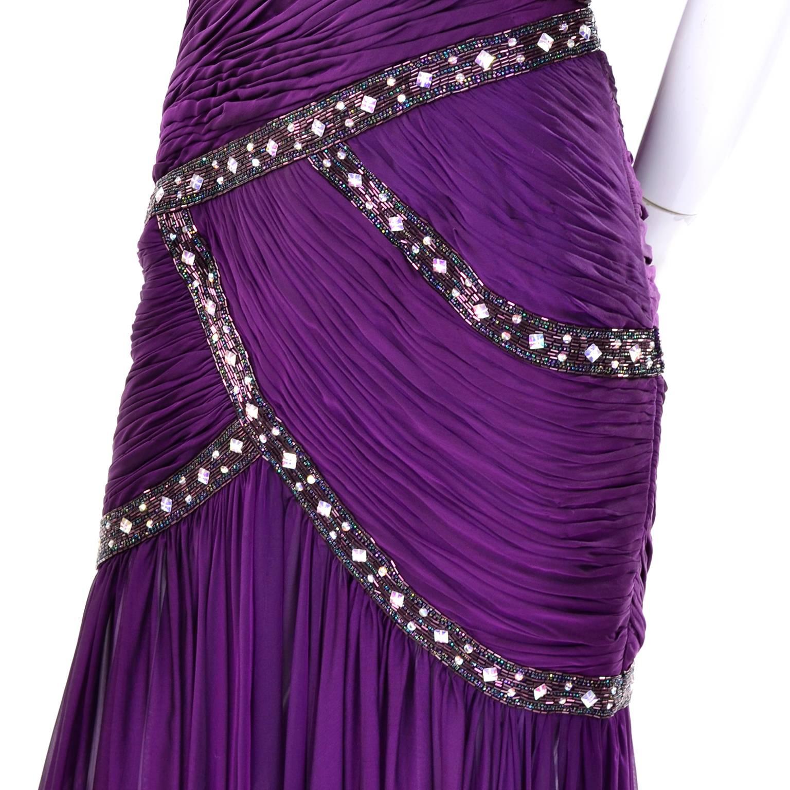 Michael Casey Vintage Purple Silk Beaded Chiffon Evening Gown Dress 1