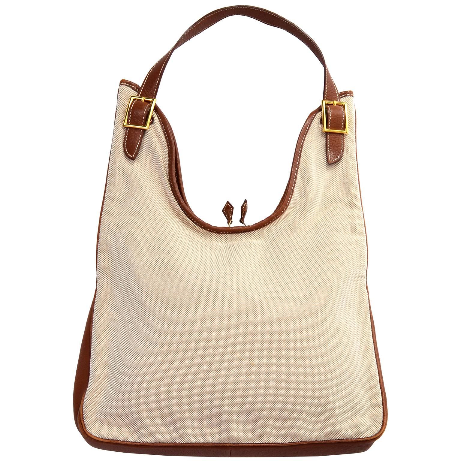 Hermes Massai Cut Handbag in Beige Canvas With Full Leather Lining and Trim