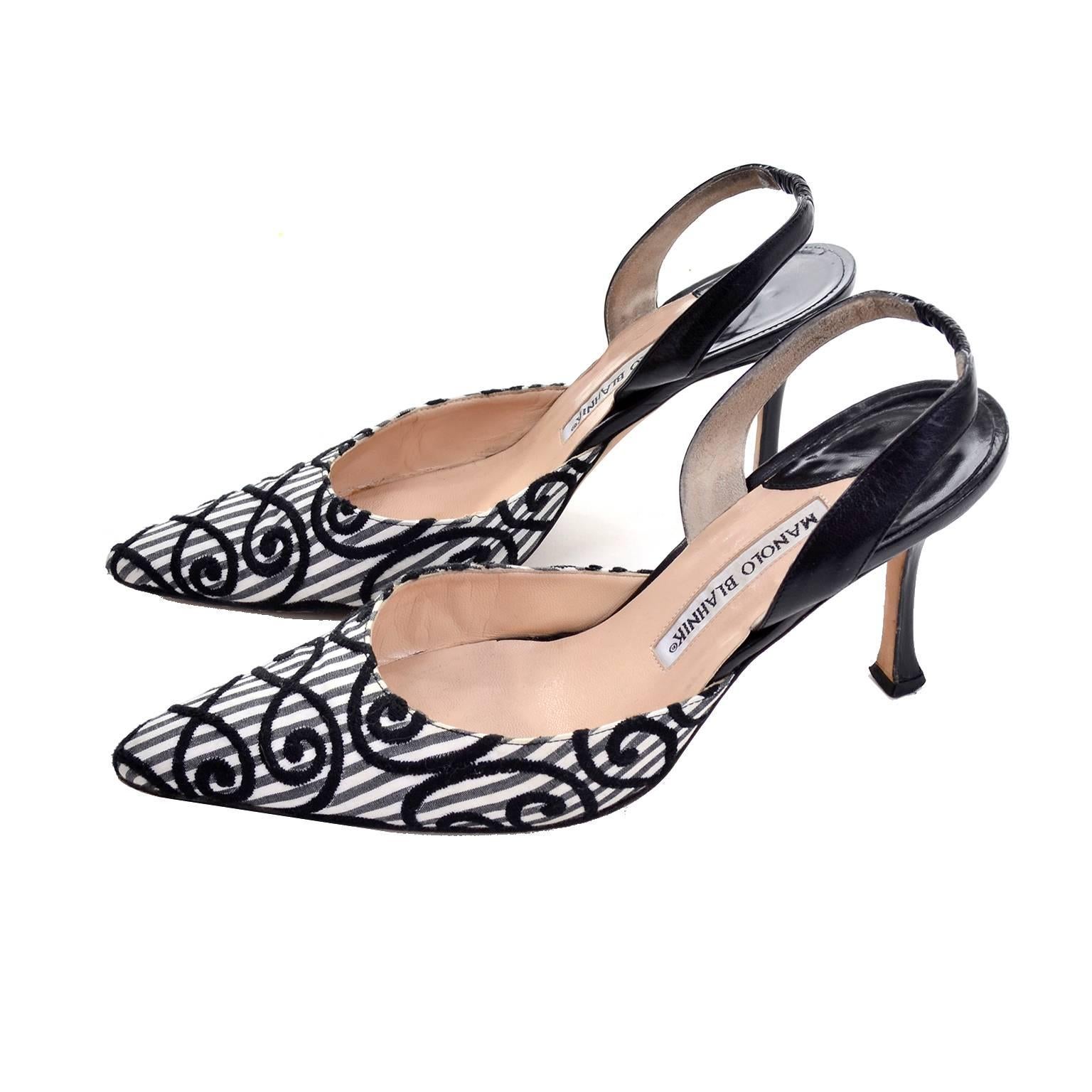 Manolo Blahnik Carolyne Sling Back Shoes in Black & White Swirls Size 37.5