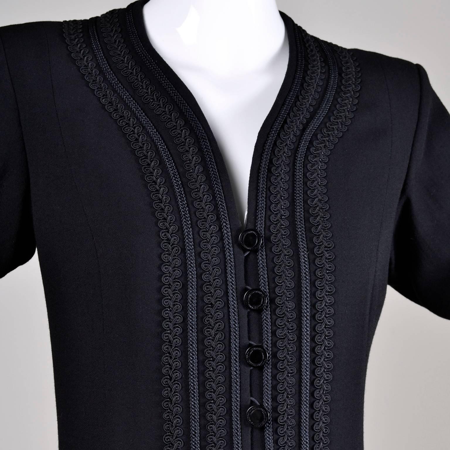 Women's YSL Vintage Yves Saint Laurent Black Dress W/ Braided Soutache Trim 8/10