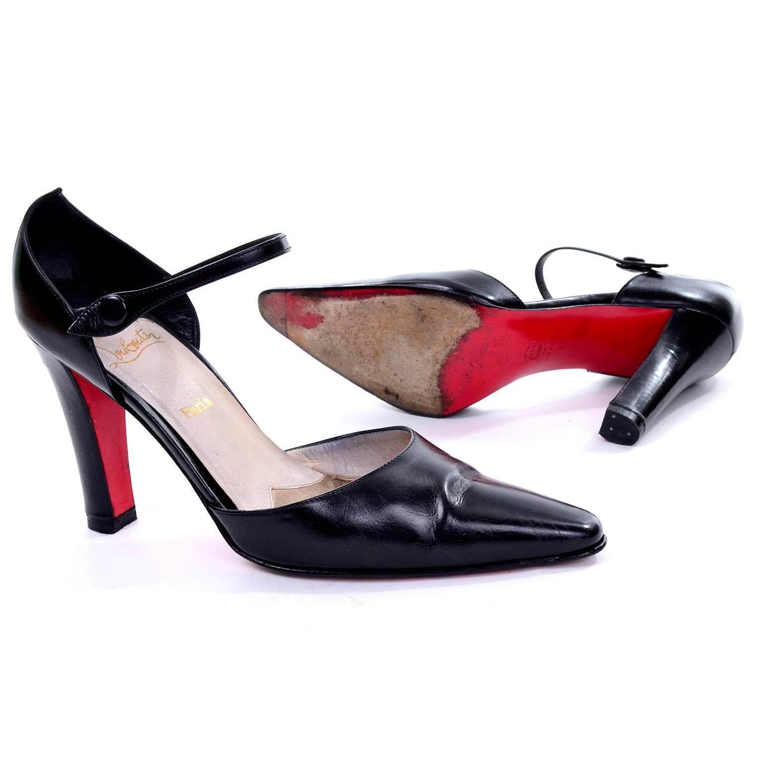 Vintage Christian Louboutin Mulano Black Calf Leather Pumps w/ Red Soles Size 7 In Excellent Condition In Portland, OR