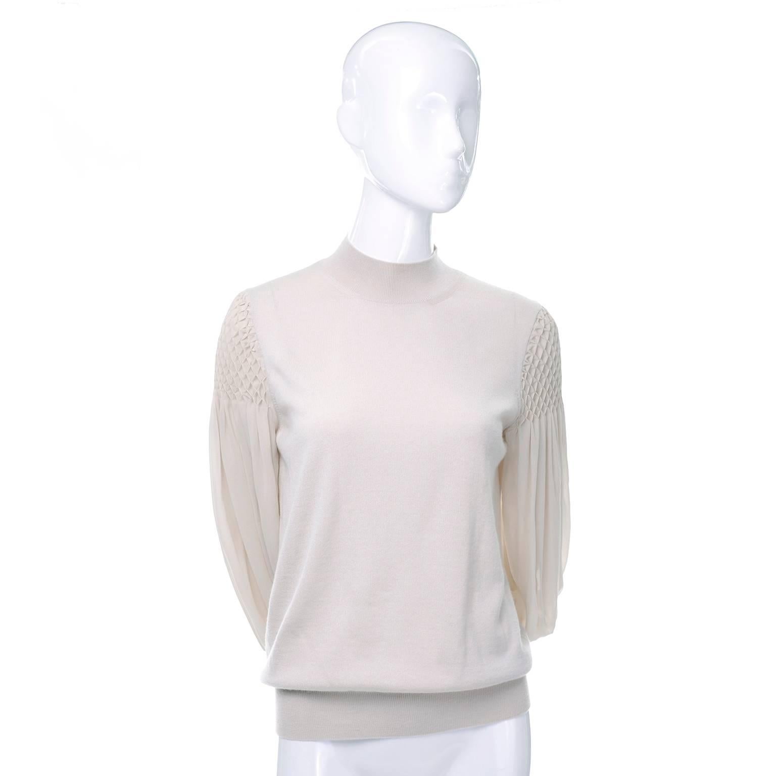 Women's Louis Vuitton Sand Silk Cashmere Sweater with Smocking and Bishop Sleeves 