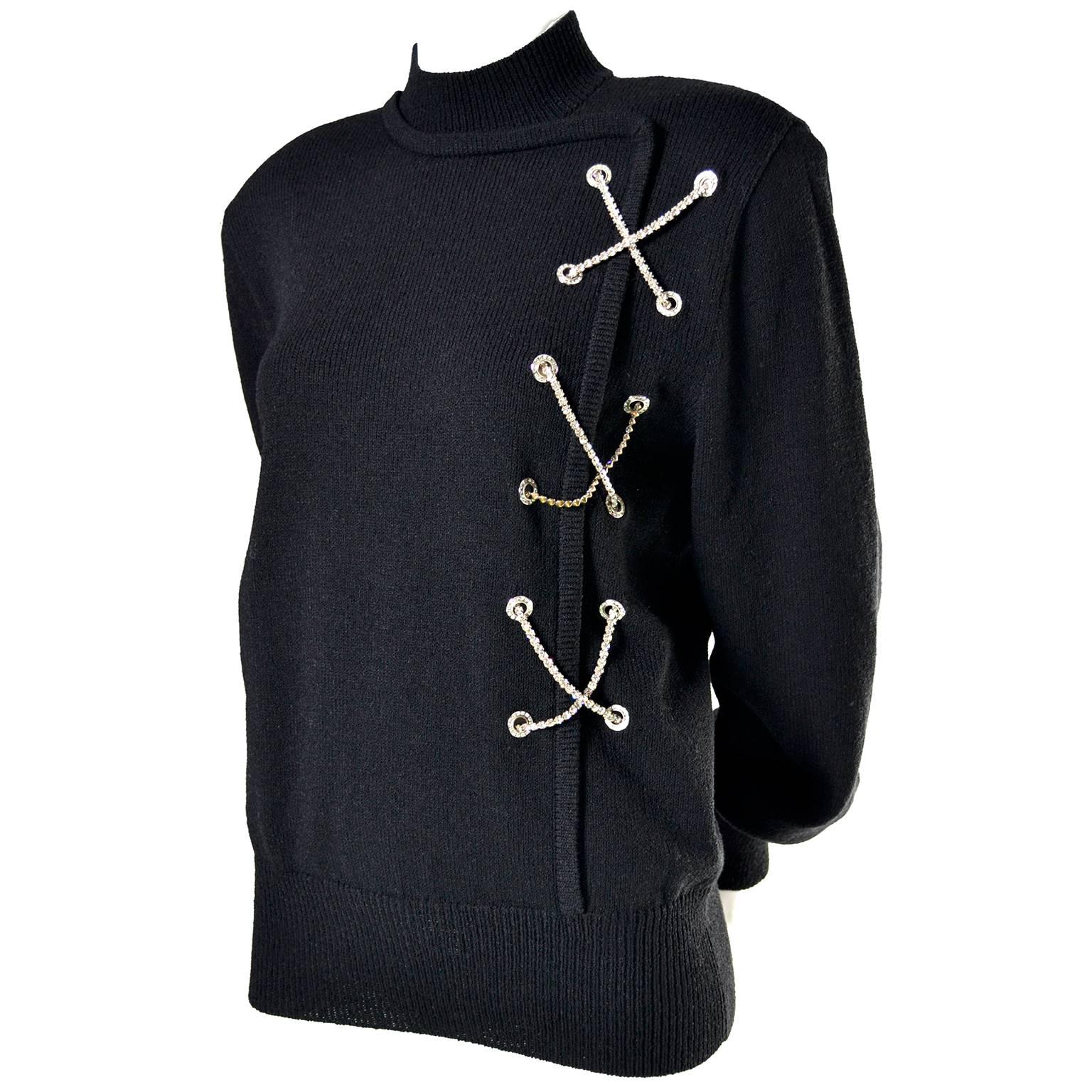 1980s Vintage Black Wool Sweater With Rhinestone X Novelty Design