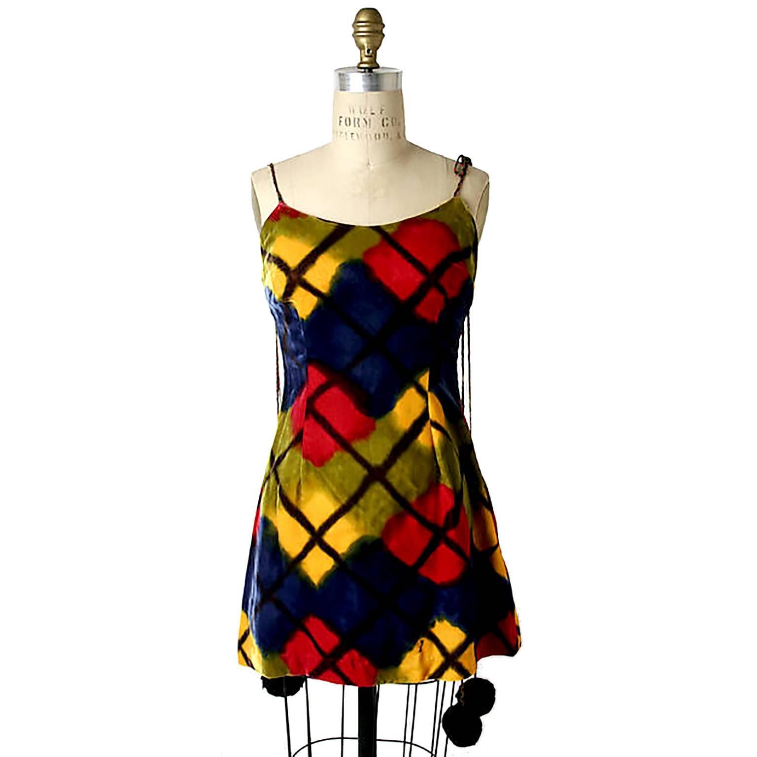 Todd Oldham Vintage Velvet Argyle Harlequin Runway Dress w/ pom poms at the MET 1