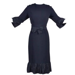 Pattullo Jo Copeland Late 1960s Black Crepe Dress W/ Bow Belt and Taffeta Ruffle