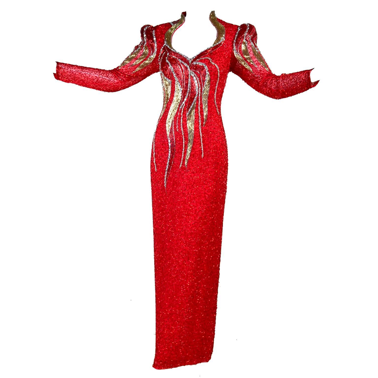 1980s Oleg Cassini Vintage Dress Red Silk Beaded Flames Evening Gown Size 6