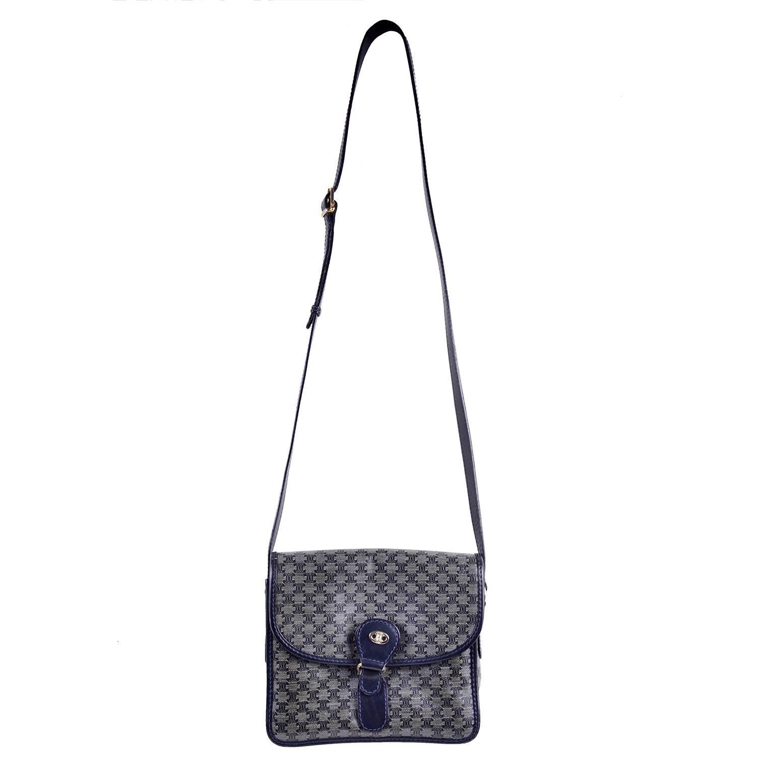 Vintage Celine Navy Blue Logo Handbag With Leather Trim at 1stDibs