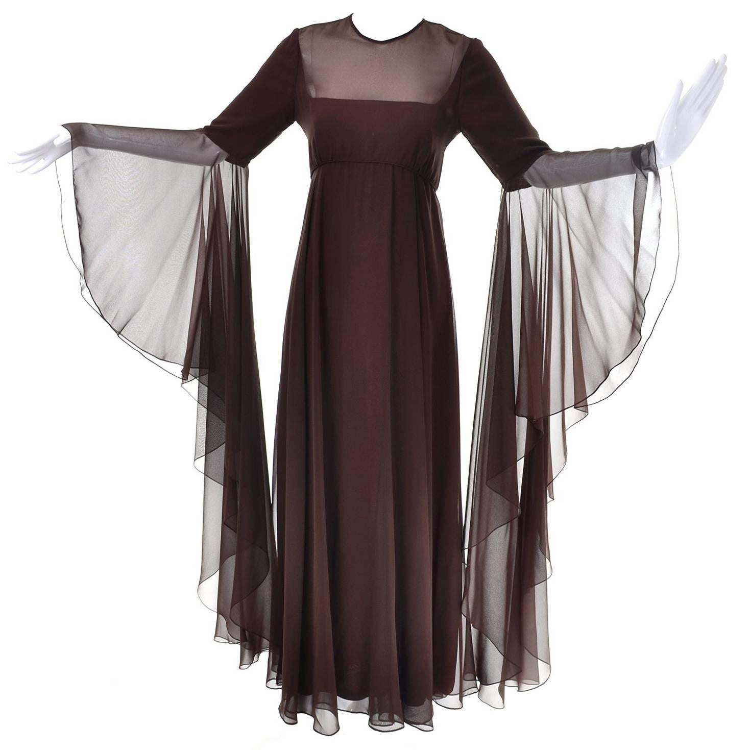 Vintage Estevez Dress in Brown Chiffon with Statement Sleeves Evening Gown For Sale