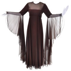 Vintage Estevez Dress in Brown Chiffon with Statement Sleeves Evening Gown