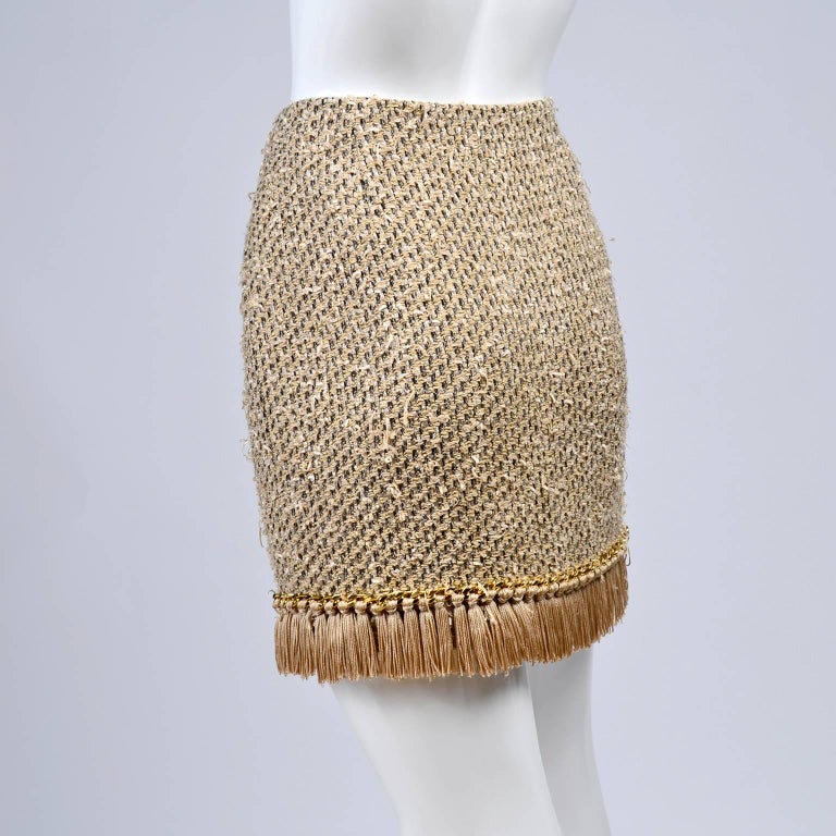 Moschino Gold Woven Skirt With Chain Detail And Tassel Fringe For Sale