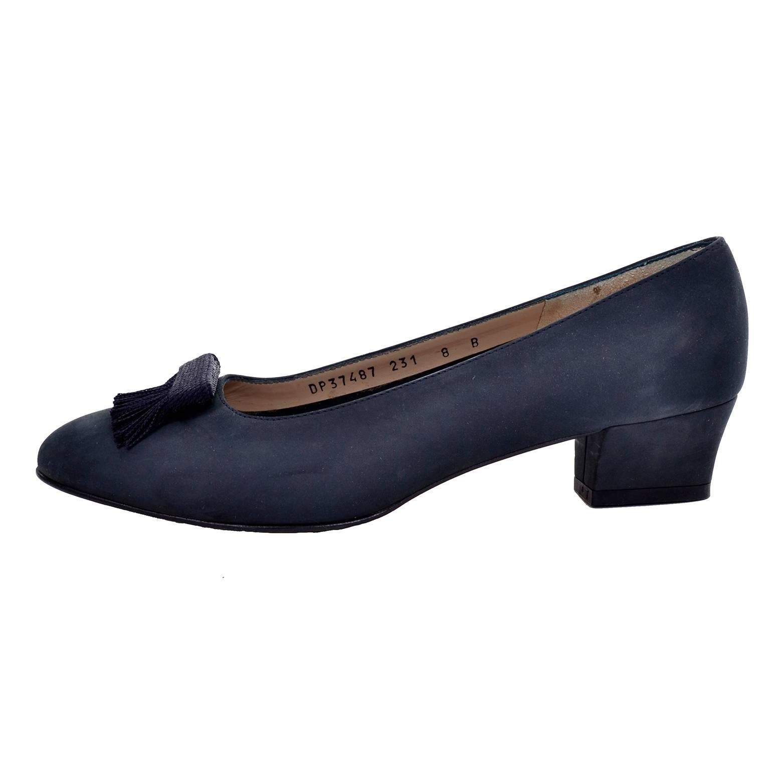 Women's New Vintage Ferragamo Shoes in Navy Blue Suede with Fringed Tassels Size 8B
