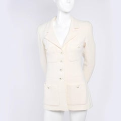 Chanel Creamy Ivory Tweed Wool Blazer Jacket with Logo Buttons and Silk Lining