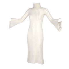 Vintage Dress With Bell Sleeves in Creamy Ivory Wool Blend Open Weave Knit